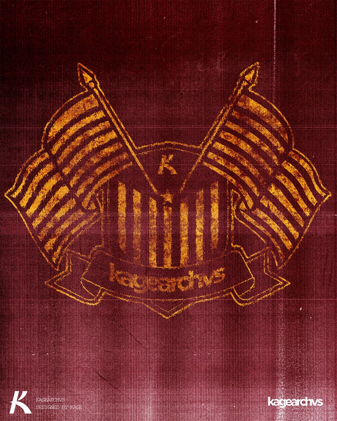 Crossed-flag emblem in oxblood